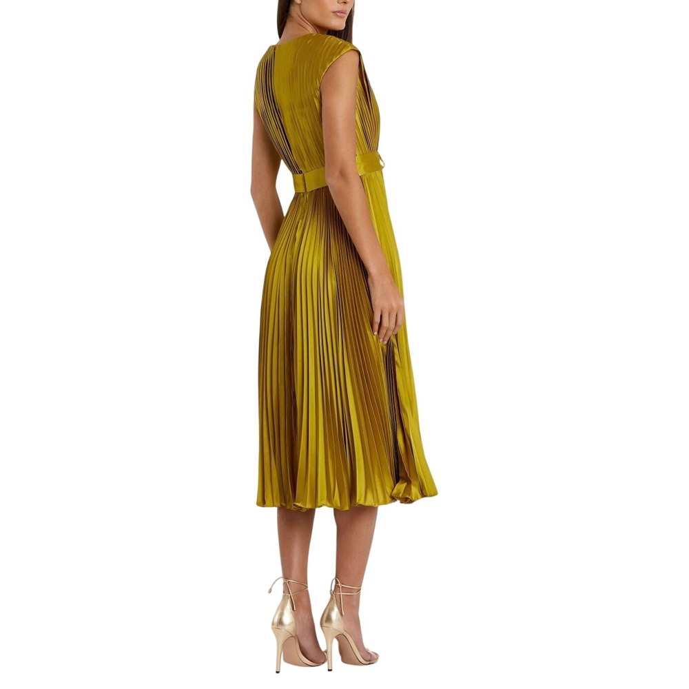 Mac Duggal Pleated‎ Satin V Neck Cap Sleeve Belted Midi Dress Citron Size 6 - Picture 9 of 14